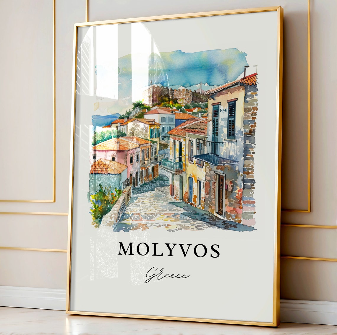 Molyvos Greece Cobblestone Street Castle Watercolor Village Poster - Image 4
