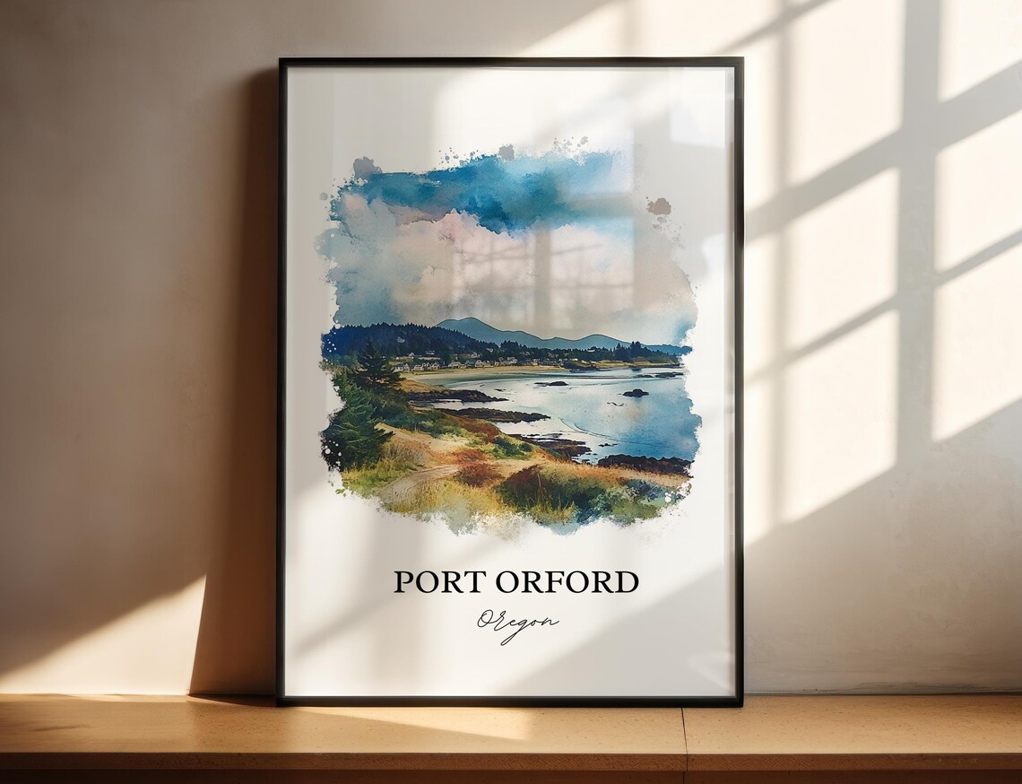 Port Orford Oregon Rugged Coast Bay Watercolor Travel Gift Poster