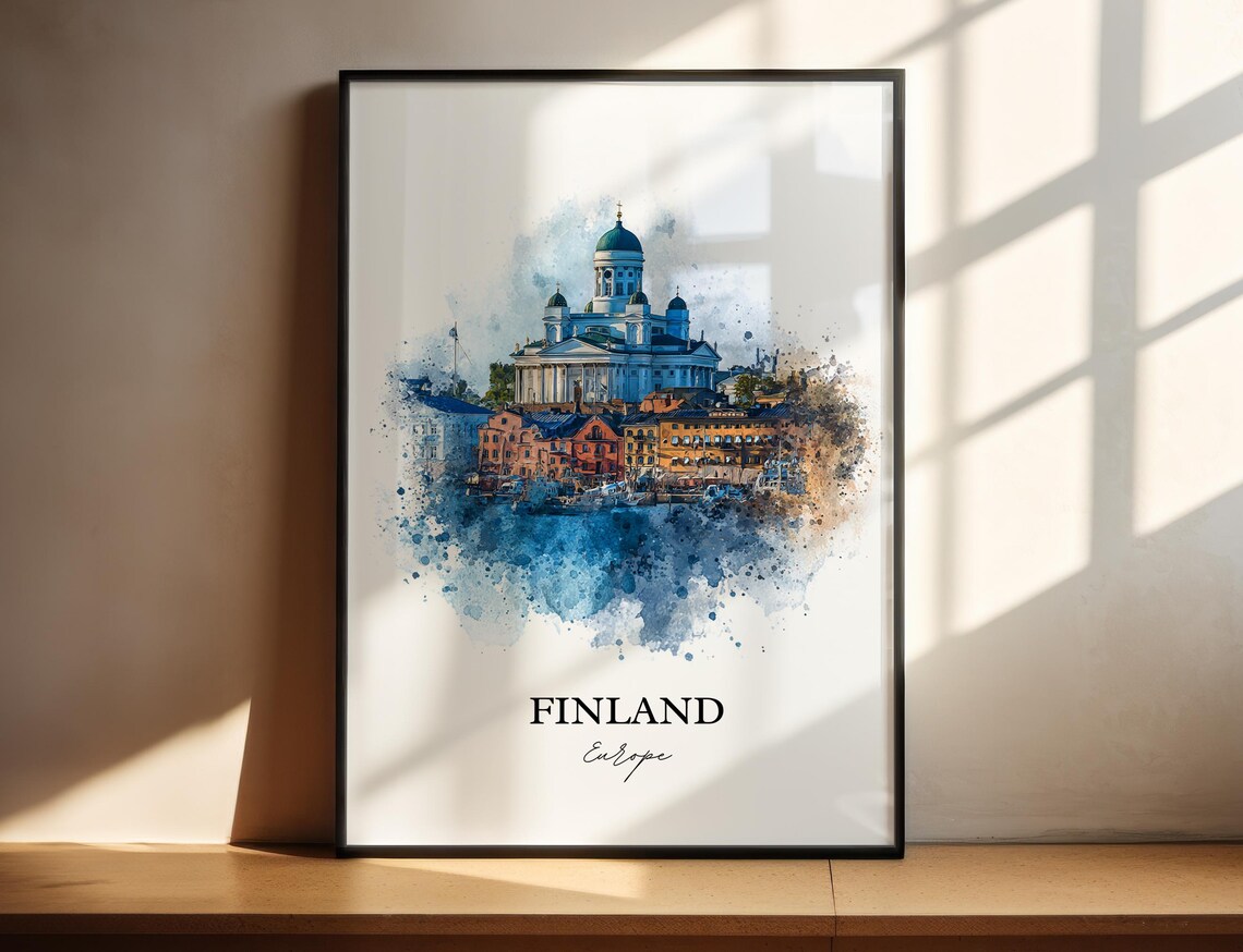 Finland Helsinki Cathedral Harbor Watercolor Europe Travel Poster