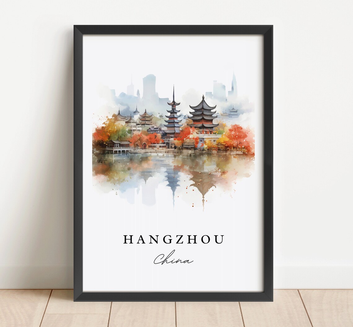 Hangzhou China Watercolor West Lake Pagodas Autumn Travel Poster - Image 4