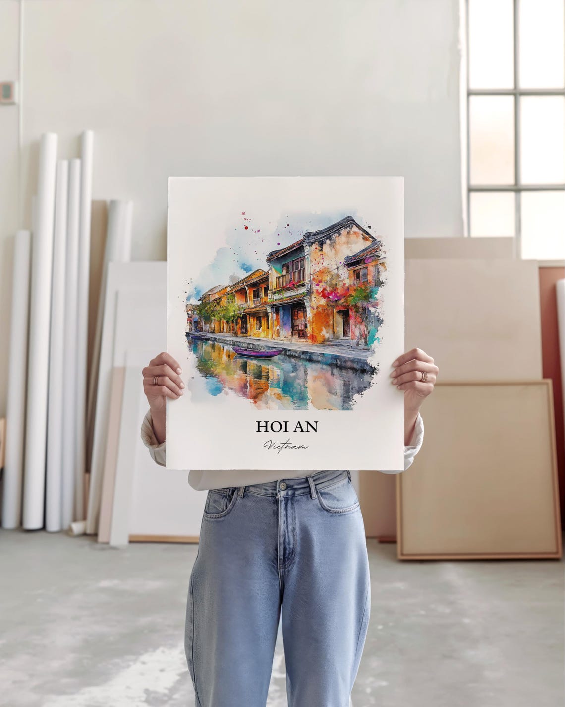 Hoi An Vietnam Watercolor Art Old Town Canal Street Lantern Poster - Image 4