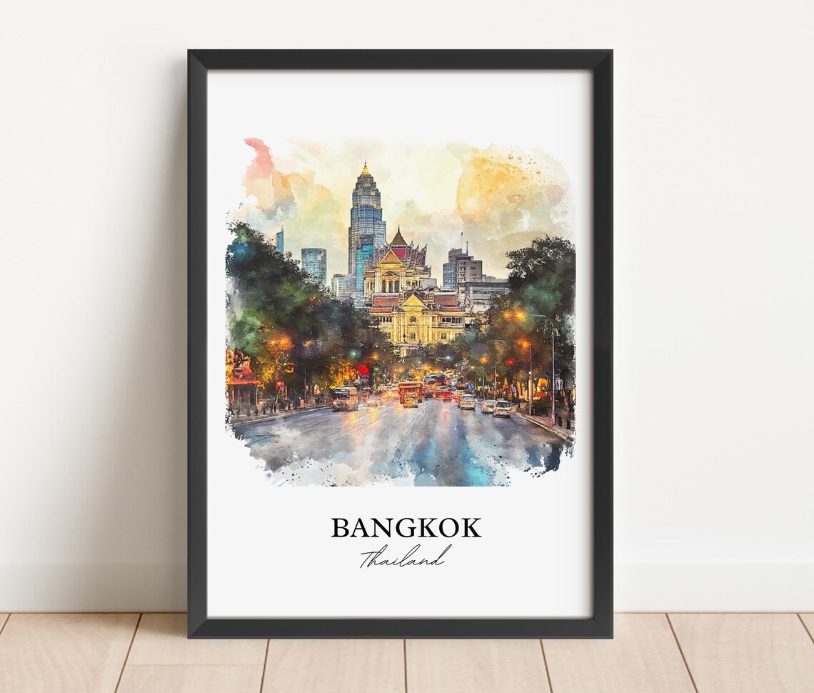 Bangkok Thailand City Night Street Lights Watercolor Travel Poster - Image 3
