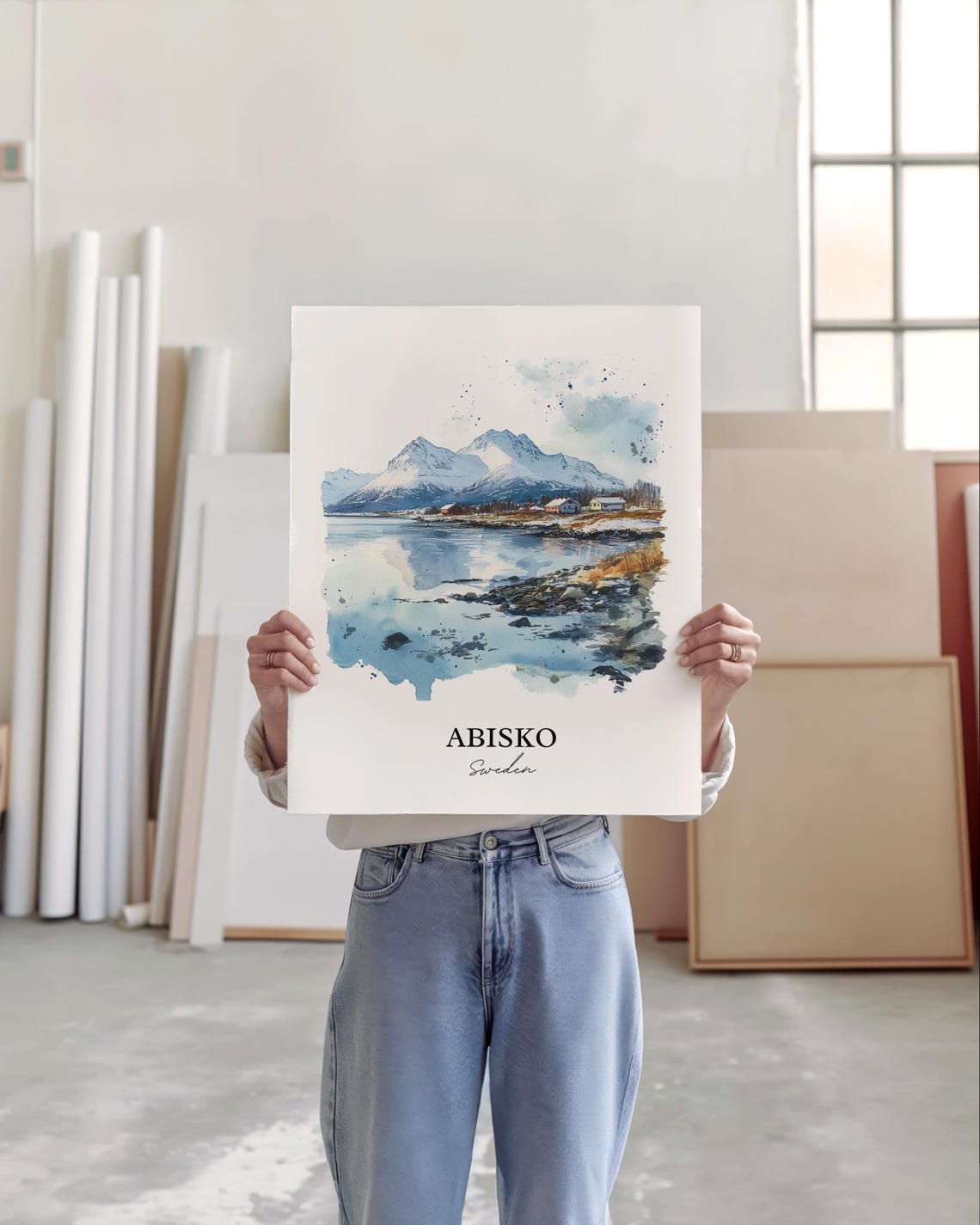 Abisko Sweden Snowy Lake Mountain Watercolor Arctic Winter Poster - Image 5