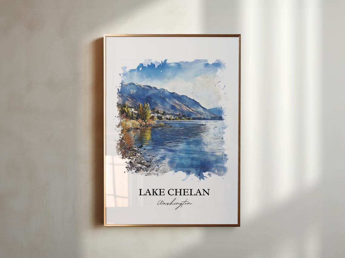 Lake Chelan Washington Watercolor Blue Lake Mountain Scene Poster - Image 5