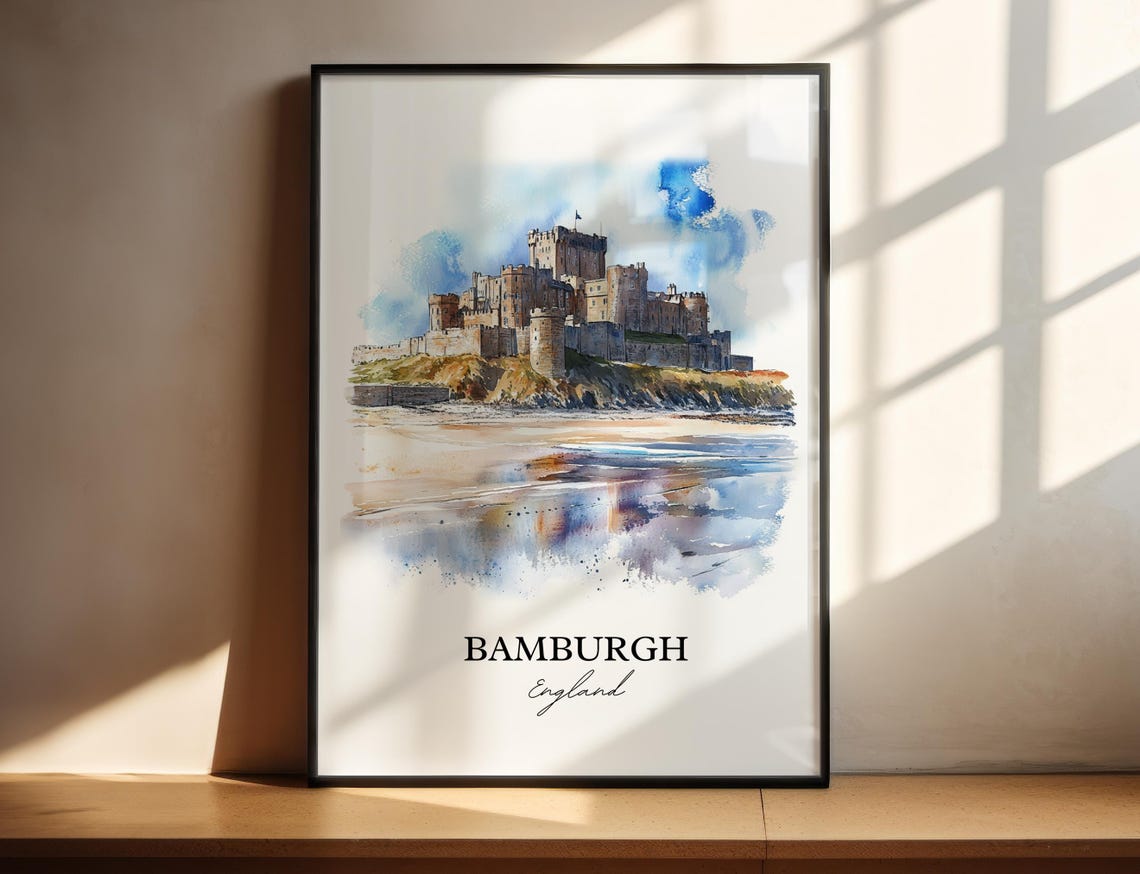 Bamburgh England Coastal Castle Watercolor Beach Landscape Art Poster