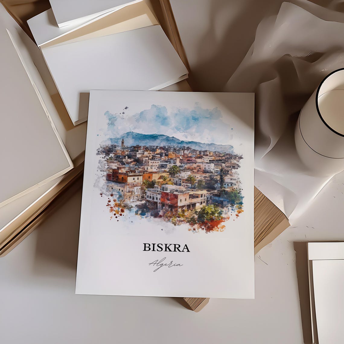 Biskra Algeria Desert Gateway City Mountain View Watercolor Poster - Image 3