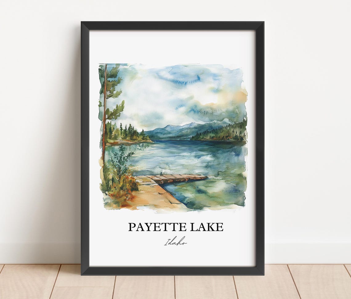 Payette Lake Idaho Watercolor Lake Dock Pine Scene Art Poster - Image 2
