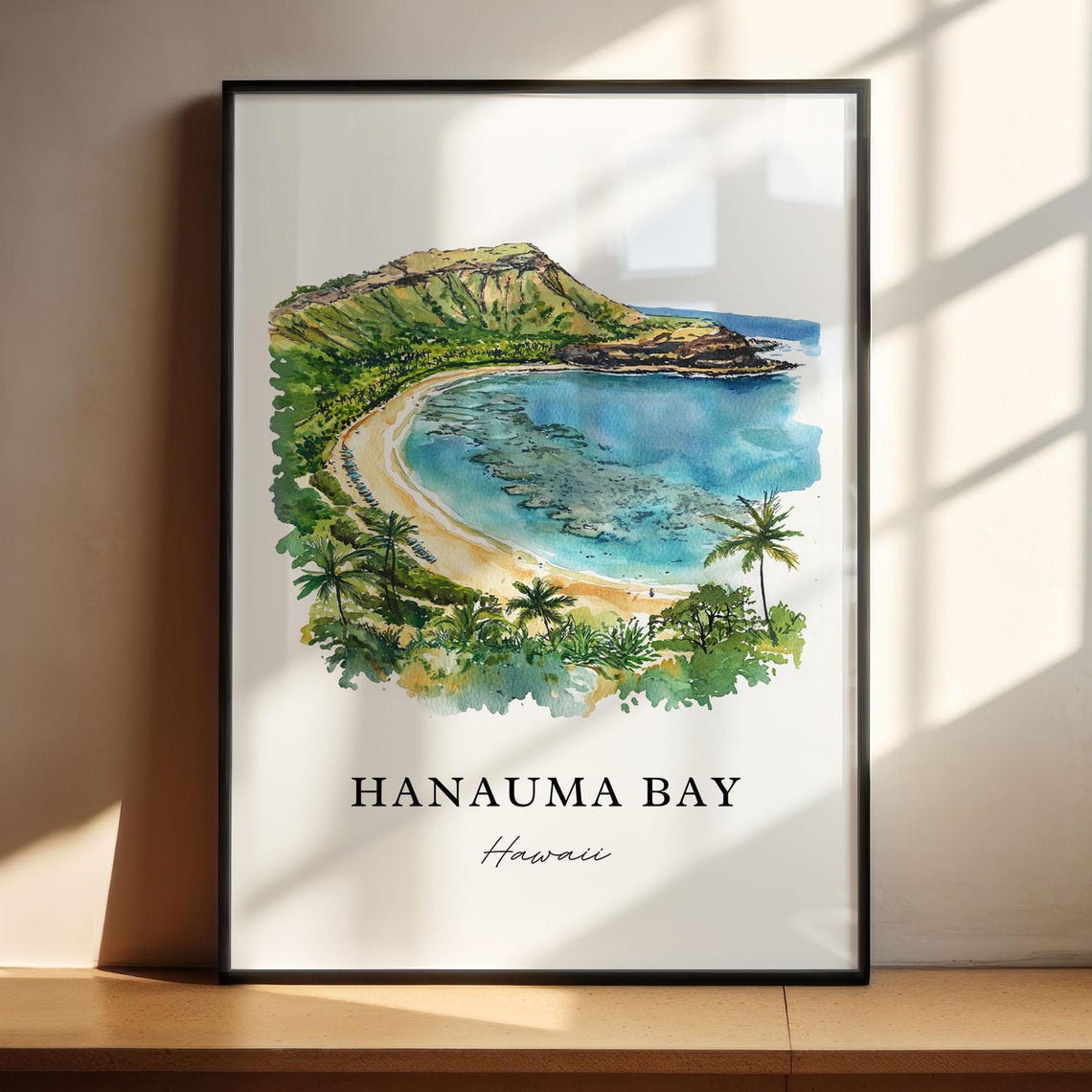 Hanauma Bay Hawaii Watercolor Crescent Beach Coral Reef Scene Poster