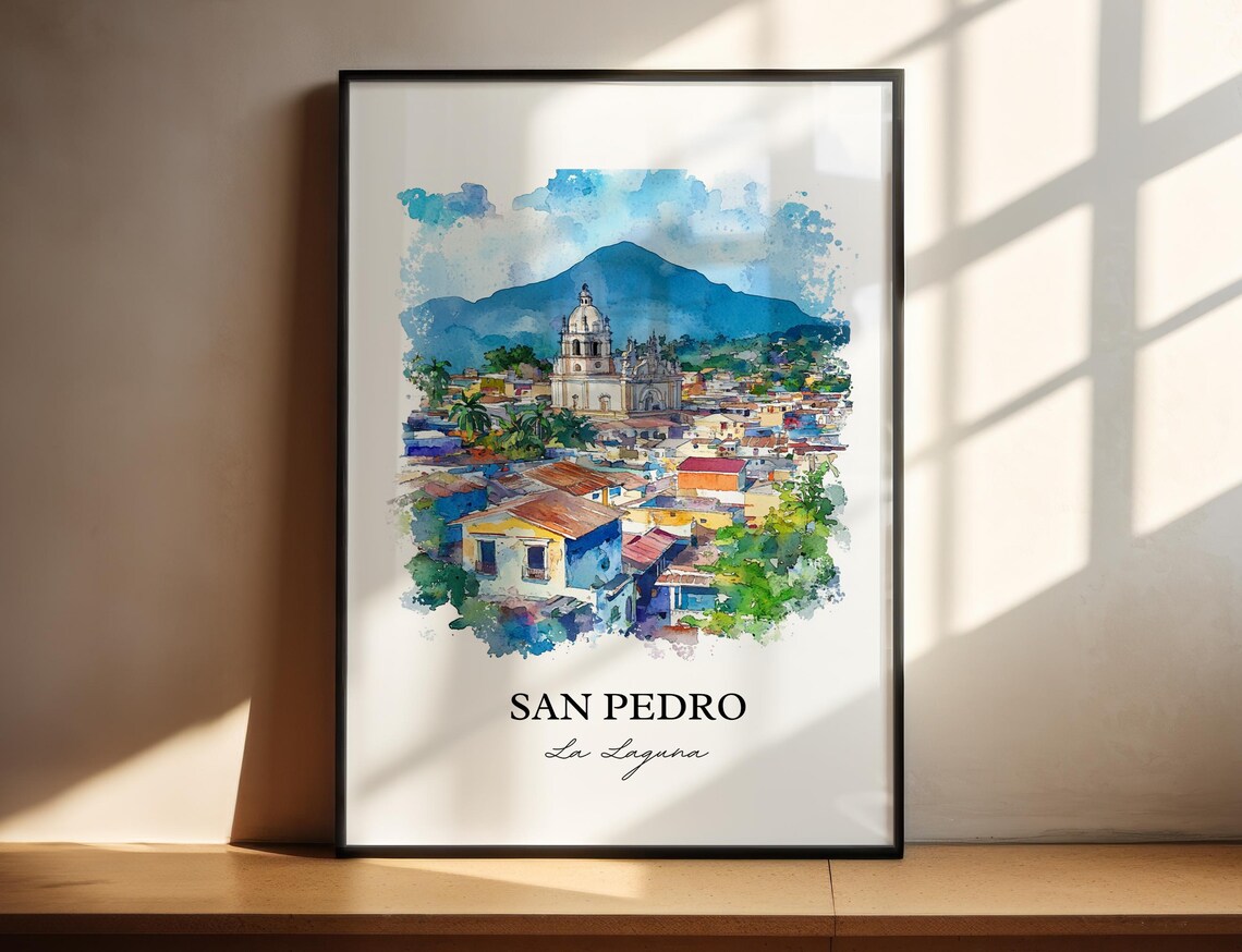 San Pedro La Laguna Guatemala Watercolor Church Volcano Town Poster