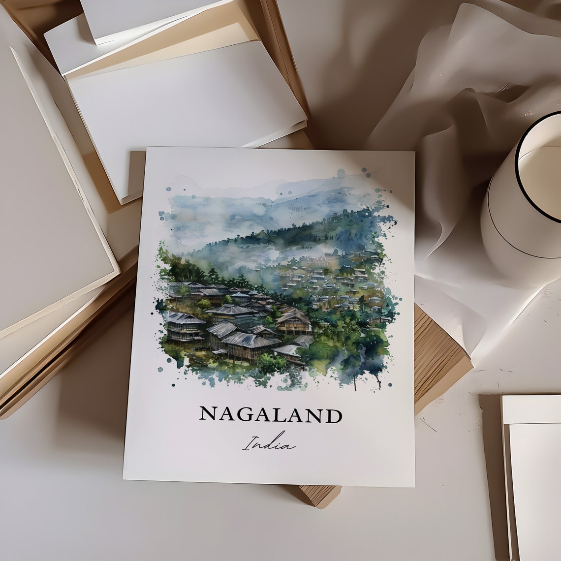 Nagaland India Tribal Misty Hill Village Watercolor Travel Poster - Image 6