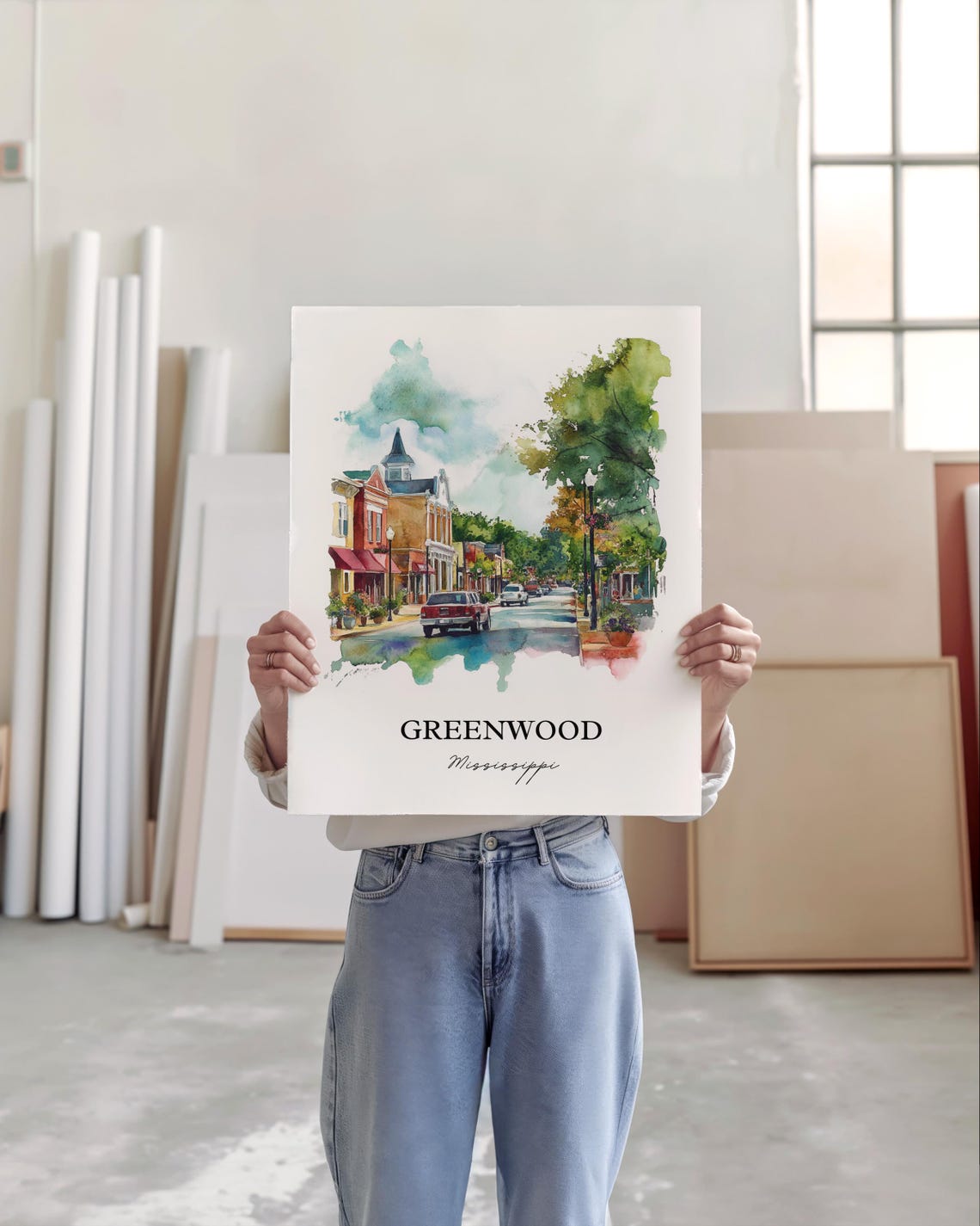 Greenwood Mississippi Main Street Historic Shops Watercolor Poster - Image 2