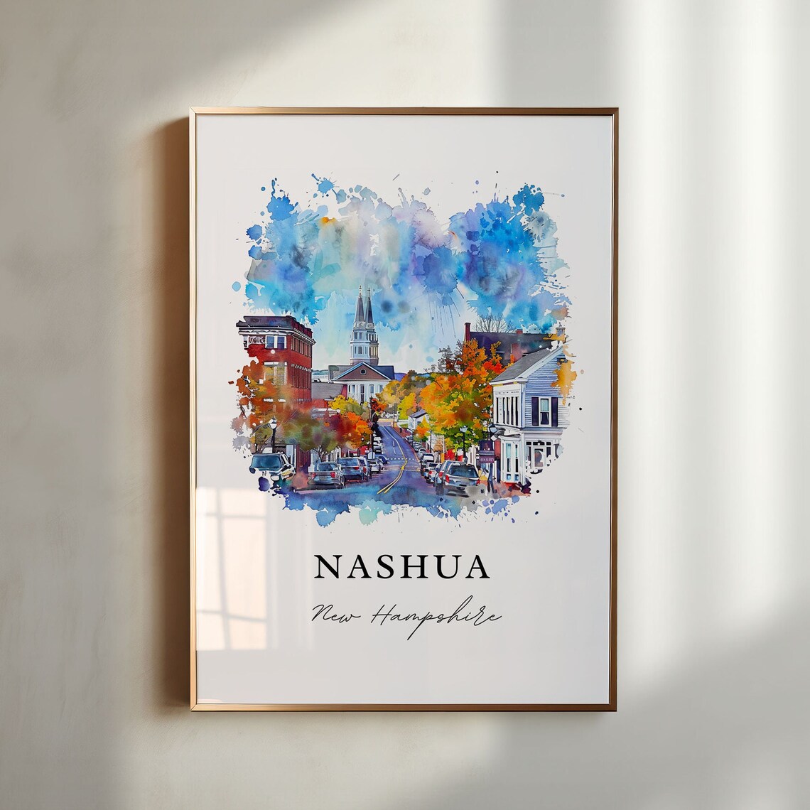 Nashua NH Watercolor Art Print, Travel Poster