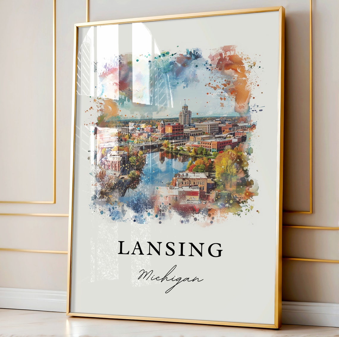 Lansing Michigan Watercolor Downtown River Autumn Scene Poster - Image 3