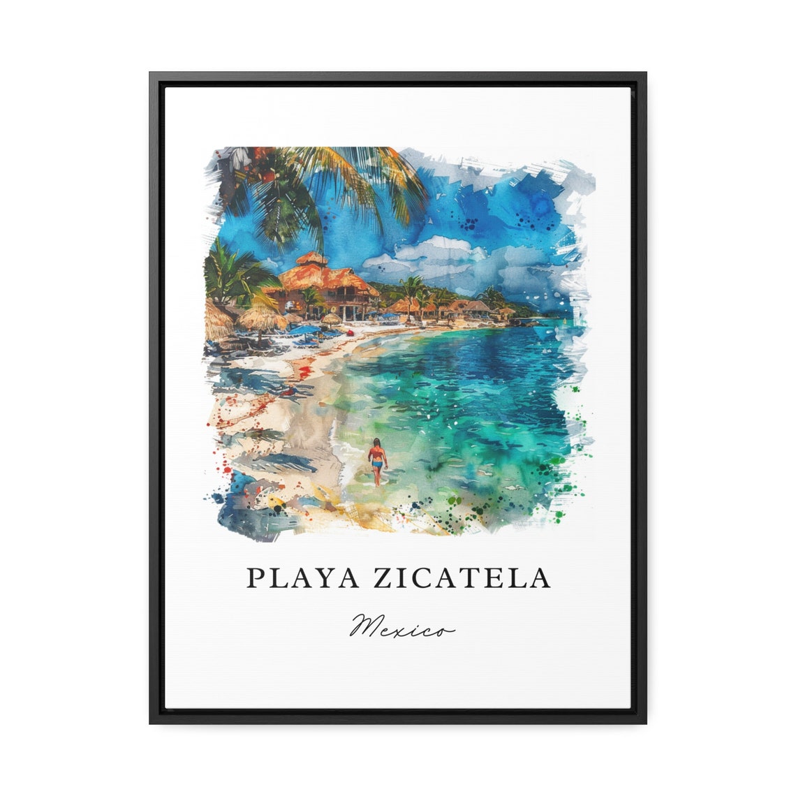 Playa Zicatela Mexico Watercolor Surf Beach Palapas Turquoise Poster - Image 2