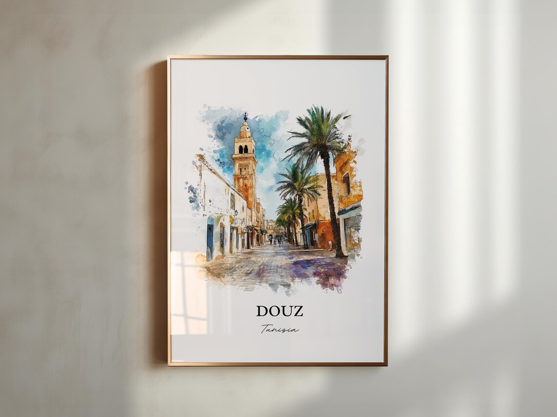 Douz Tunisia Palm Lined Desert Street Watercolor Travel Poster - Image 5