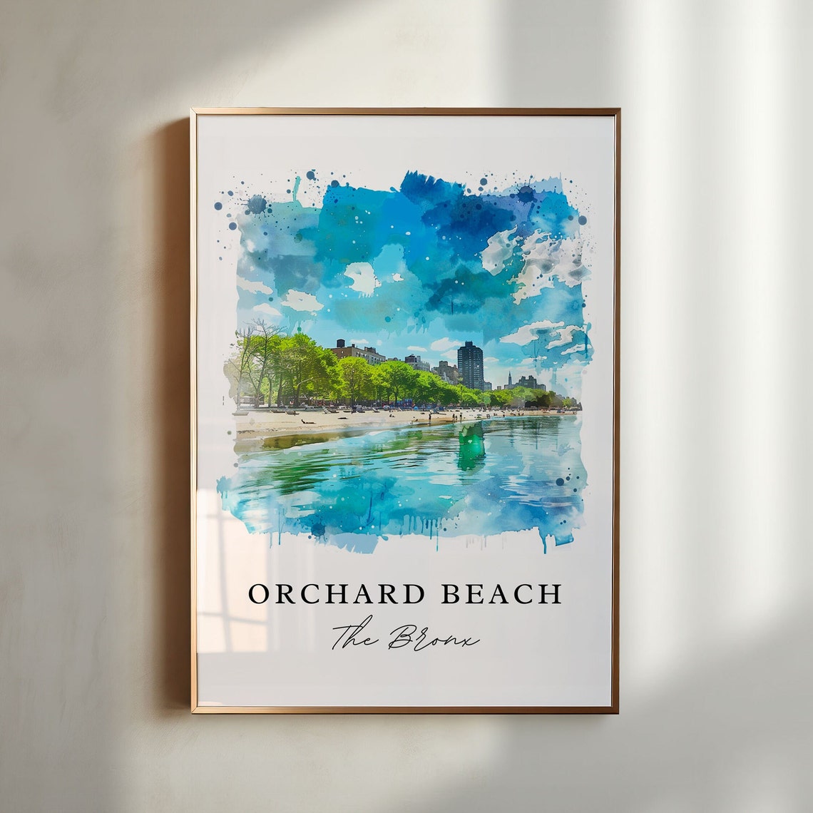 Orchard Beach The Bronx Waterfront Skyline Watercolor Poster