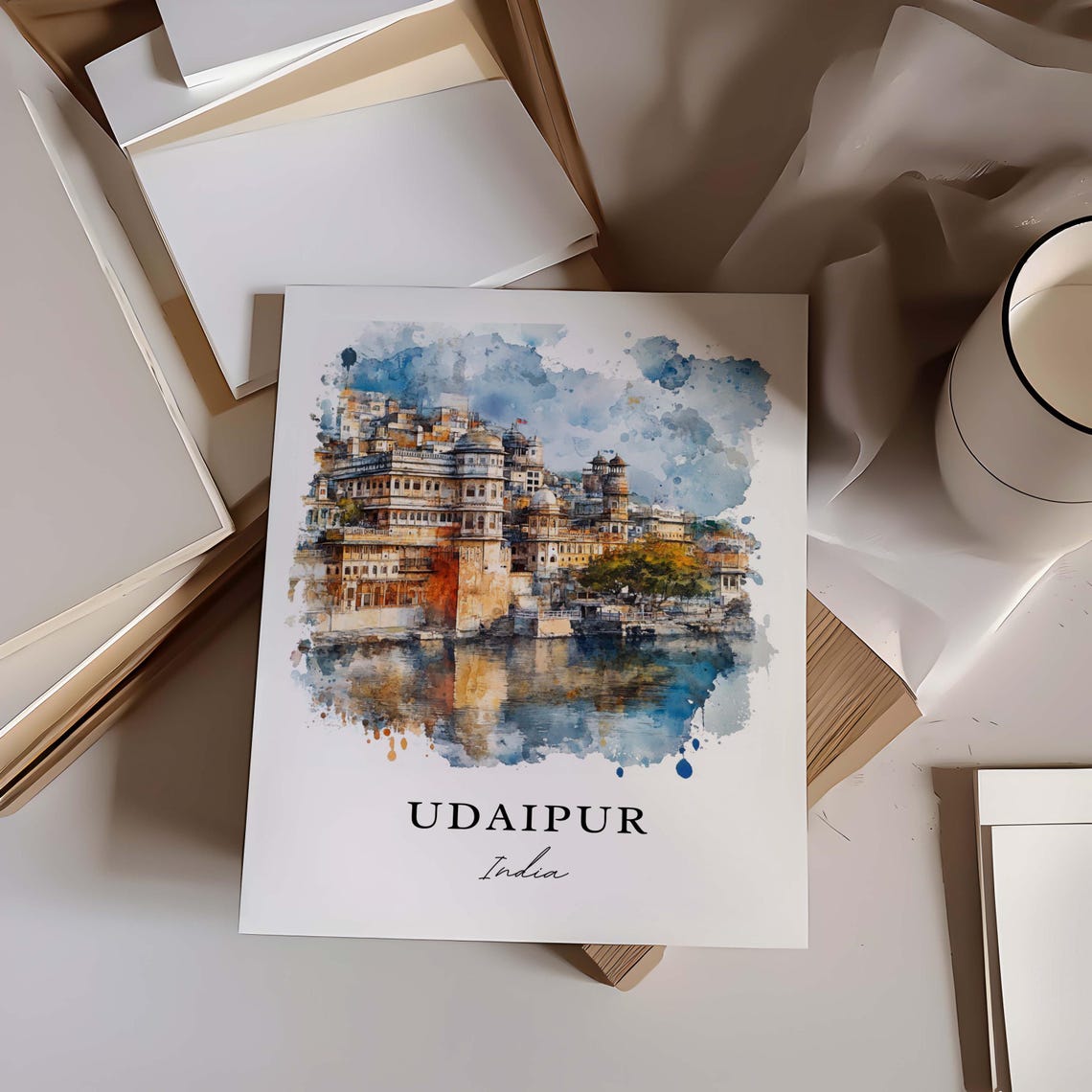 Udaipur India City Palace Lake Pichola Reflection Watercolor Poster - Image 2
