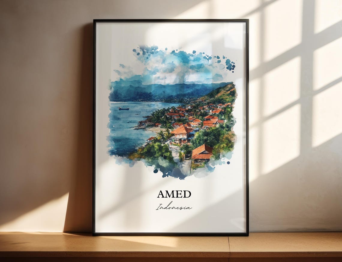 Amed Indonesia Watercolor Coastal Bay Red Roofs Ocean View Poster