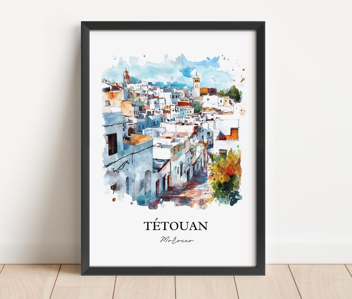 Tetouan Morocco African Watercolor Medina Blue Town Art Poster - Image 3