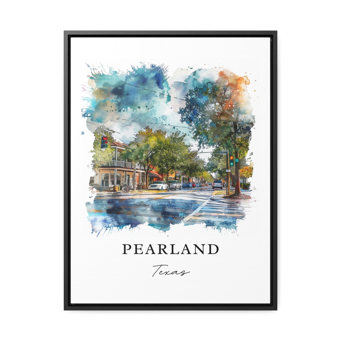 Pearland Texas Watercolor Street Scene Shops Traffic Light Poster - Image 2