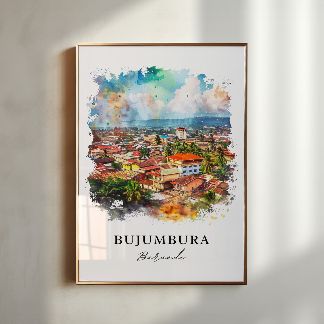 Bujumbura Burundi Watercolor Cityscape African Travel Poster