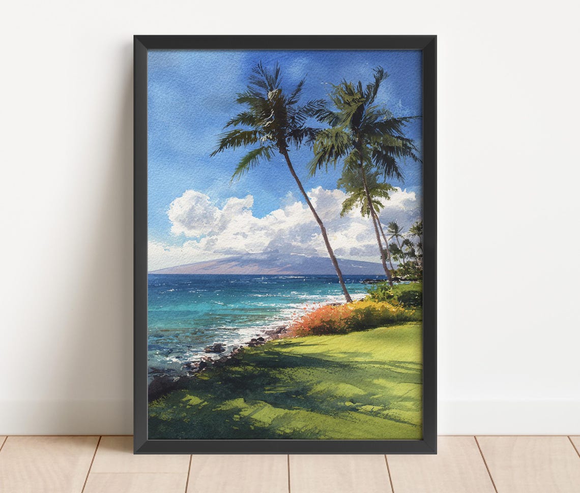 Wailea Maui Hawaii Palm Trees Turquoise Bay Watercolor Travel Poster