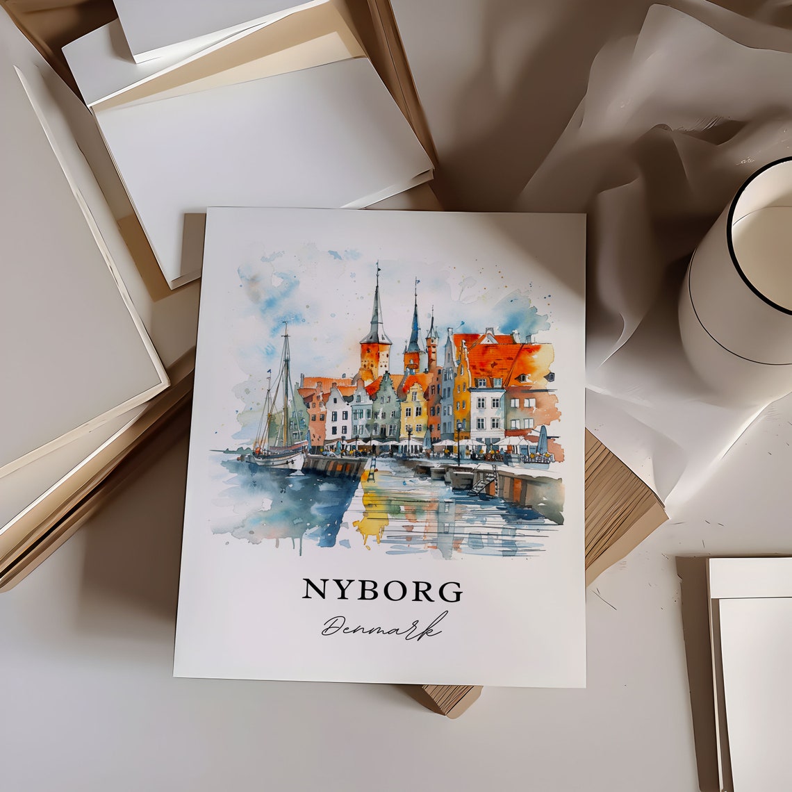 Nyborg Denmark Colorful Harbor Waterfront Watercolor Travel Poster - Image 6
