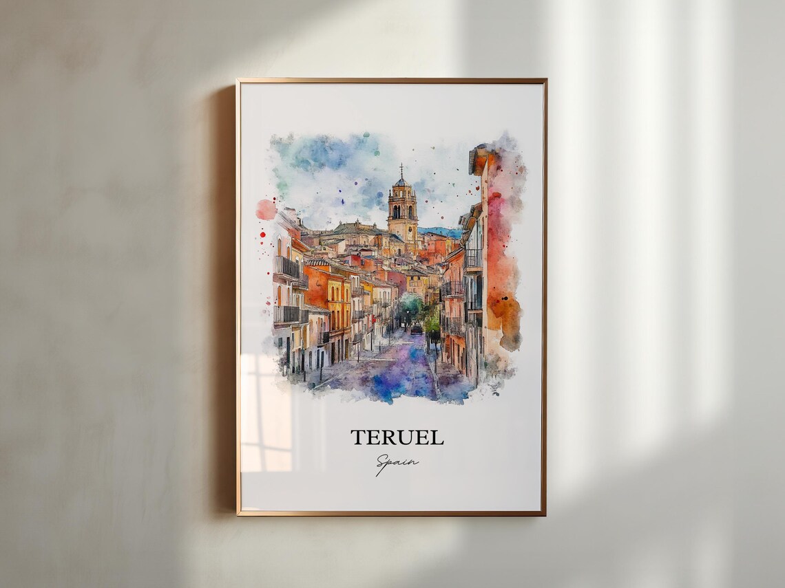 Teruel Spain Watercolor Old Town Street Bell Tower Art Poster - Image 5