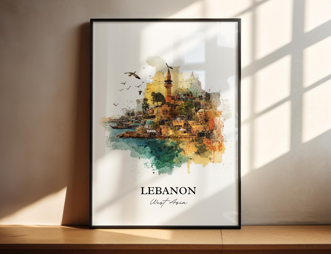 Lebanon West Asia Watercolor Coastal Old Town Minaret Travel Poster