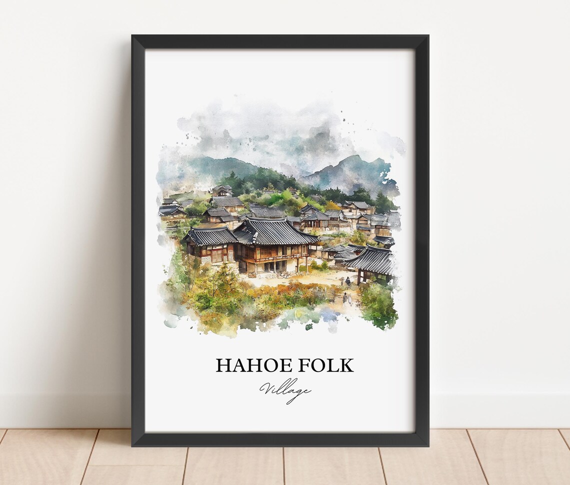 Hahoe Folk Village Watercolor Korean Hanok Houses Travel Poster - Image 5