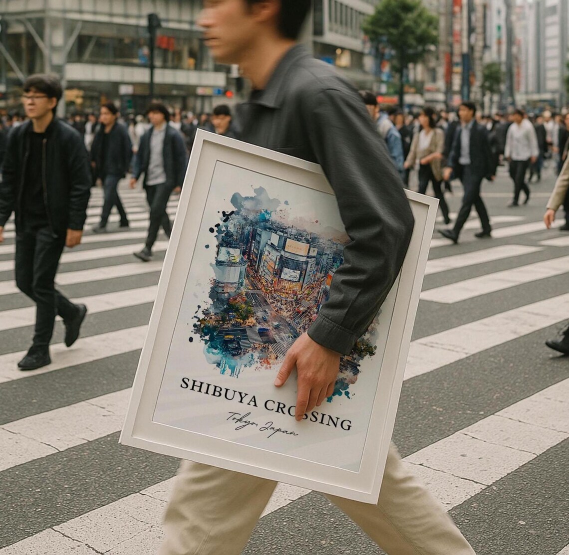 Shibuya Crossing Tokyo Japan Watercolor Cityscape Travel Poster
