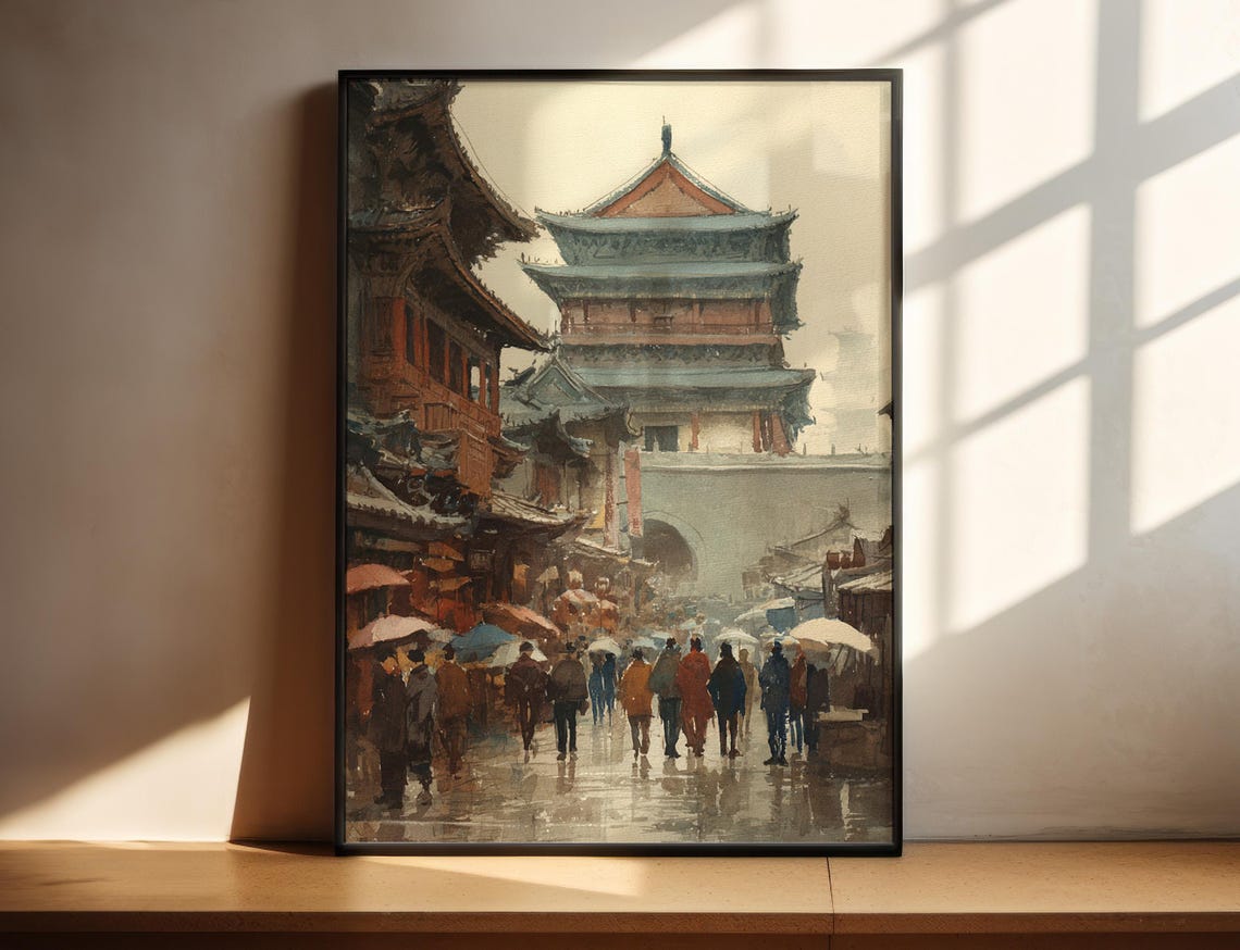 Xian China Ancient Bell Tower Street Watercolor Travel Art Poster