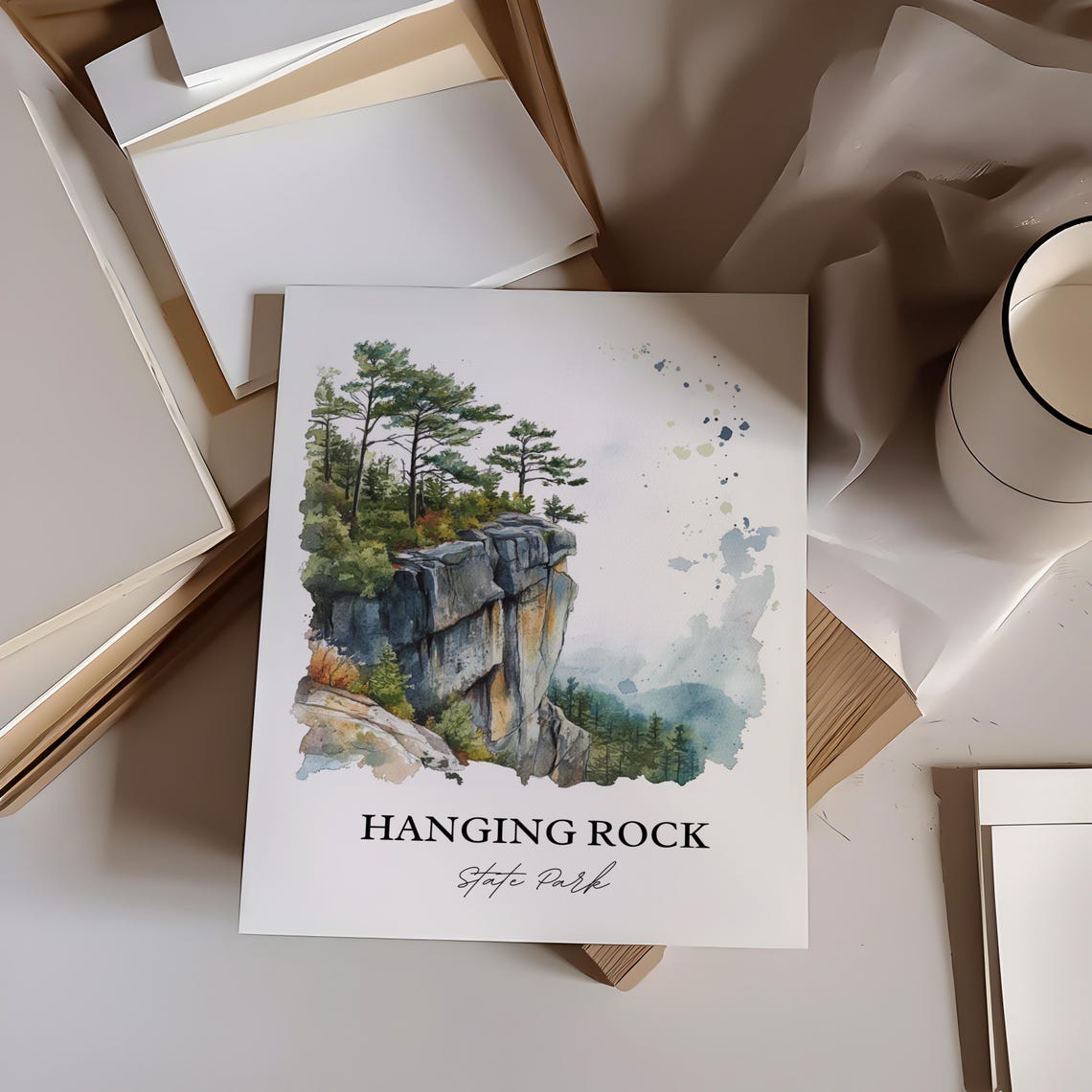 Hanging Rock State Park Watercolor Cliff Overlook Pines Poster - Image 2