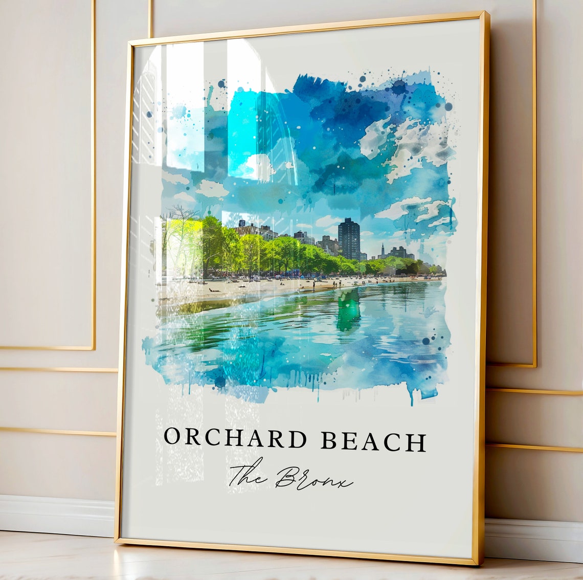 Orchard Beach The Bronx Waterfront Skyline Watercolor Poster - Image 4