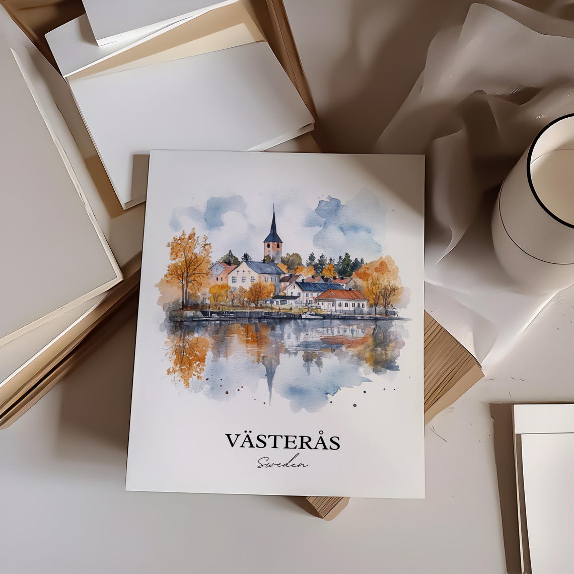 Vasteras Sweden Autumn Lakeside Town Watercolor Travel Poster - Image 5
