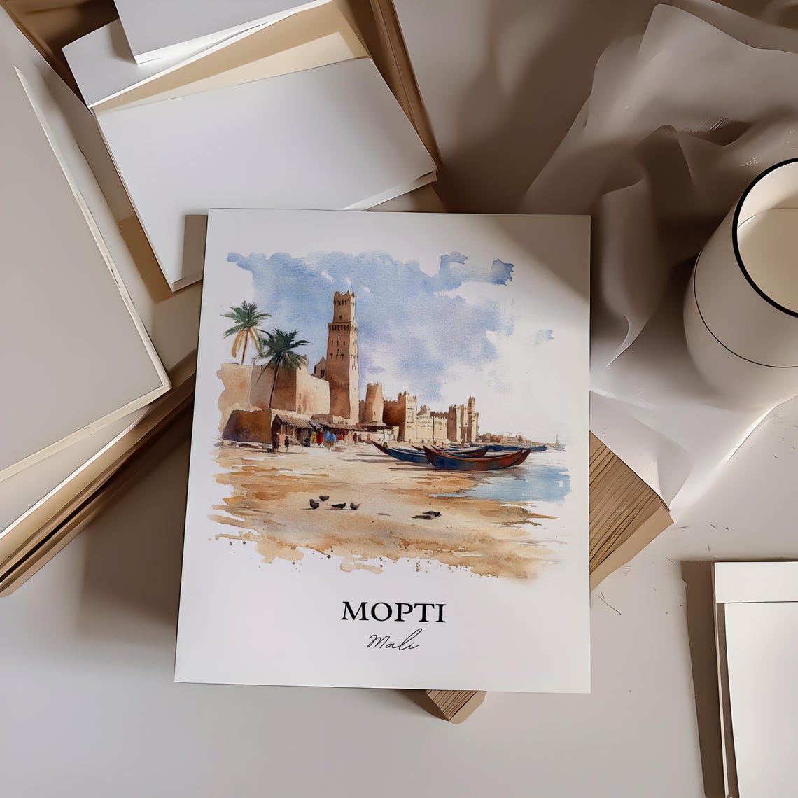 Mopti Mali Riverside Mosque Boats Watercolor Scene Art Poster - Image 3