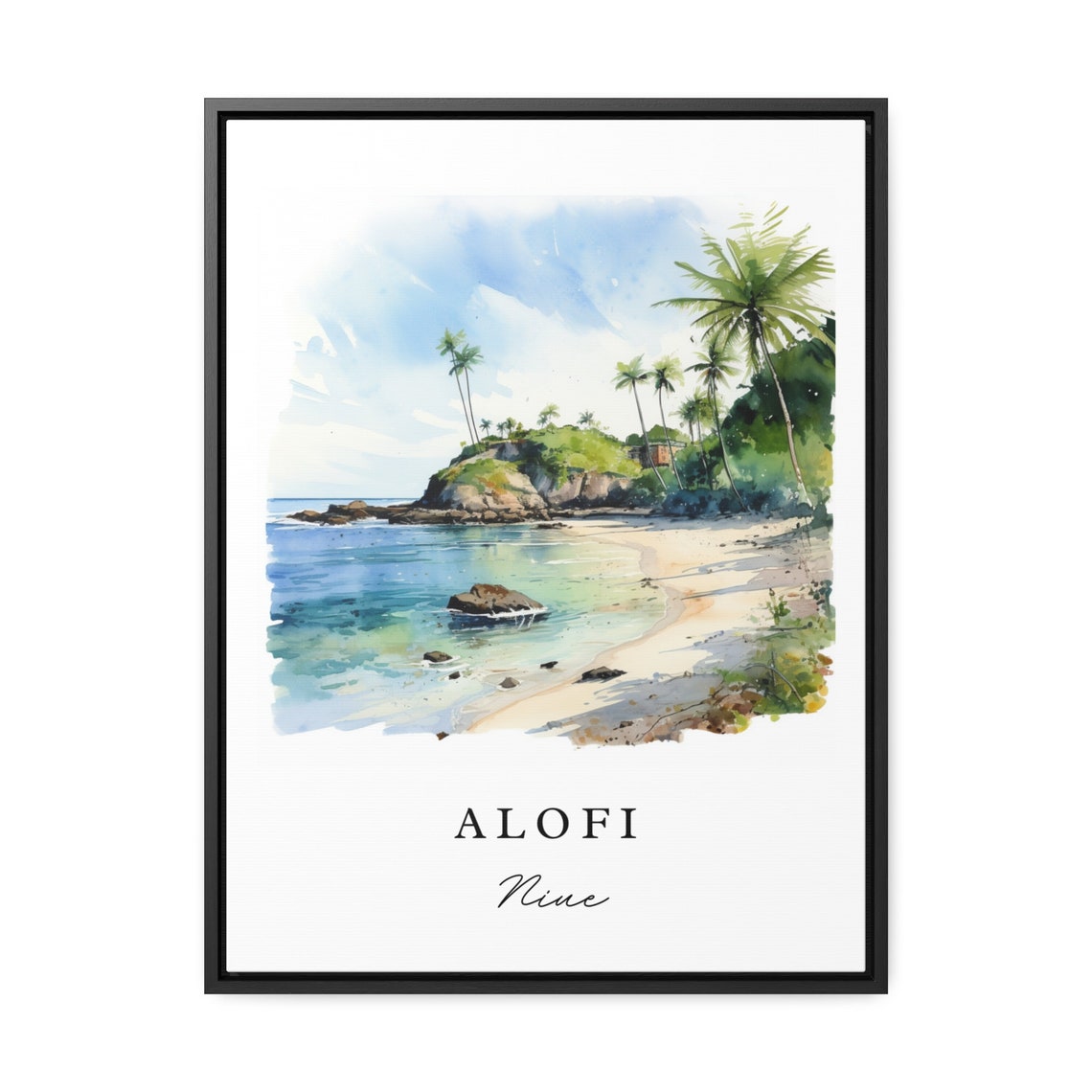 Alofi Niue Palm Beach Cove Rocky Coast Watercolor Travel Poster