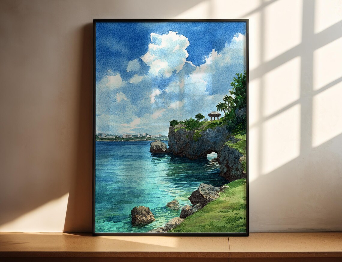 Okinawa Watercolor Travel Poster, Japan Beach Decor