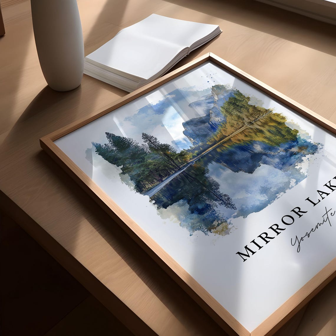 Mirror Lake Yosemite Granite Peaks Reflection Watercolor Poster - Image 5