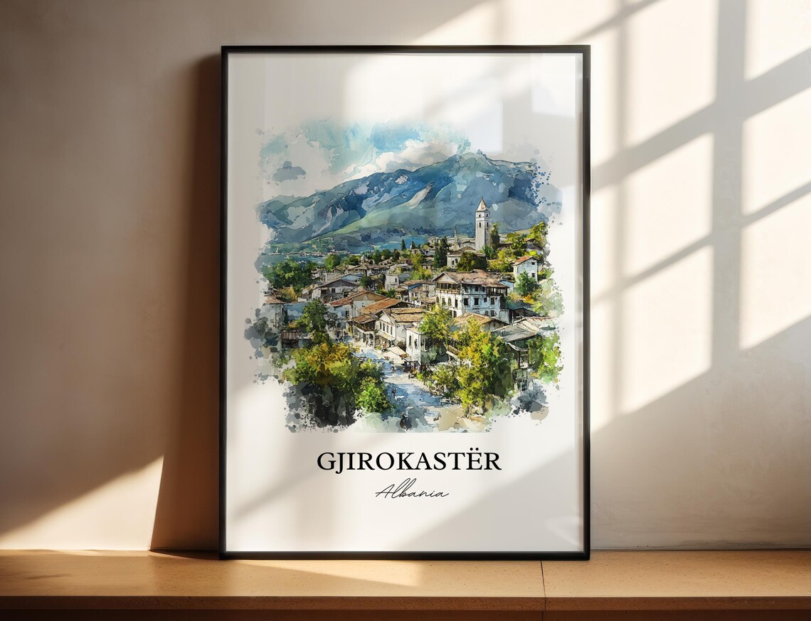 Gjirokastër Albania Historic Hill Town Watercolor Travel Poster