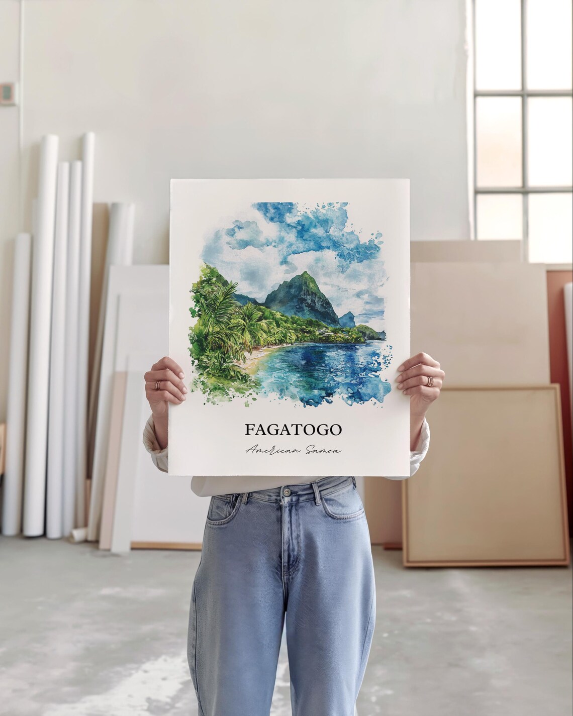 Fagatogo American Samoa Lush Peaks Bay Palm Watercolor Poster - Image 4