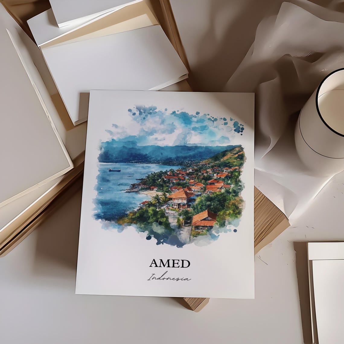 Amed Indonesia Watercolor Coastal Bay Red Roofs Ocean View Poster - Image 3