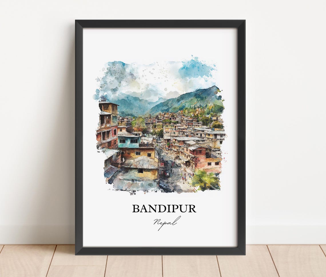 Bandipur Nepal Watercolor Historic Hill Town Mountain View Poster - Image 3
