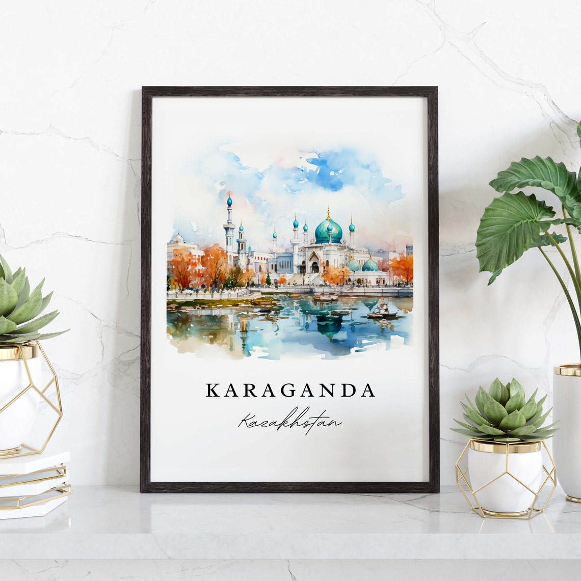 Karaganda Kazakhstan Watercolor Mosque Lakeside Reflection Poster - Image 3