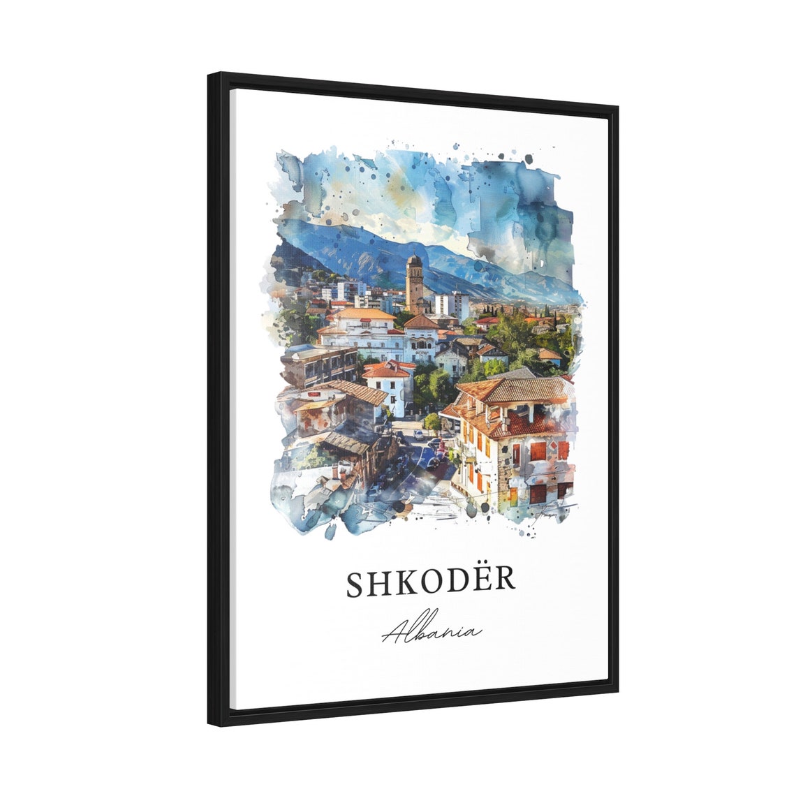 Shkoder Albania Castle Hill Cityscape Watercolor Travel Poster - Image 2