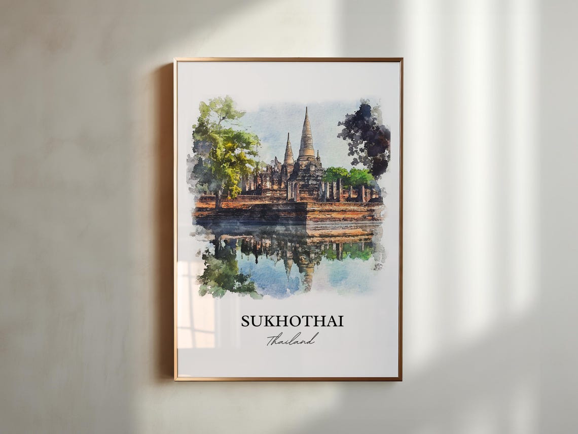 Sukhothai Thailand Watercolor Ancient Temple Reflection Art Poster - Image 6
