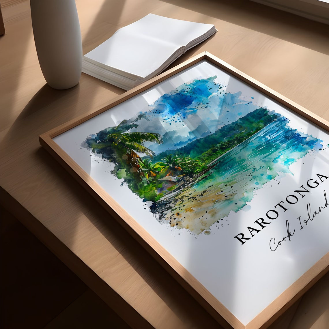 Rarotonga Cook Islands Palm Beach Lagoon Watercolor Art Print - Image 5
