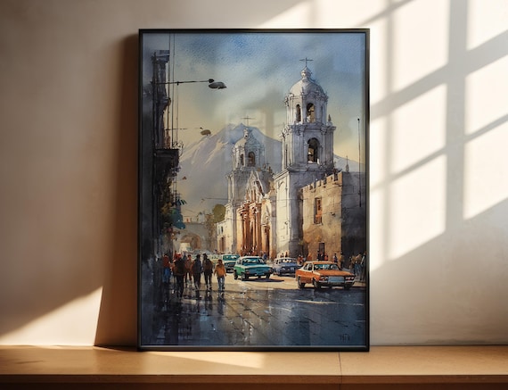 Arequipa Peru Cathedral Volcano Backdrop Watercolor Travel Poster