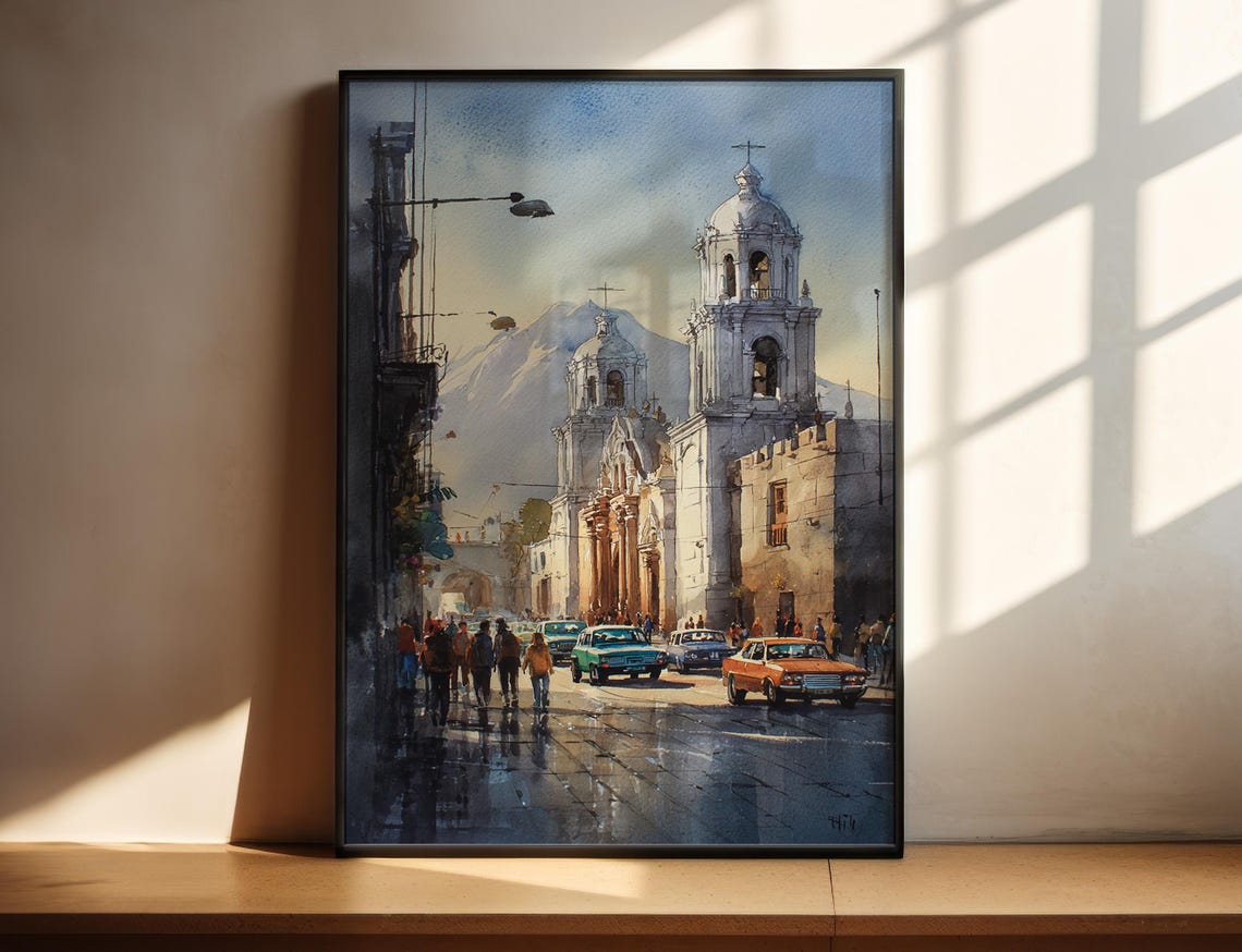 Arequipa Peru Cathedral Volcano Backdrop Watercolor Travel Poster
