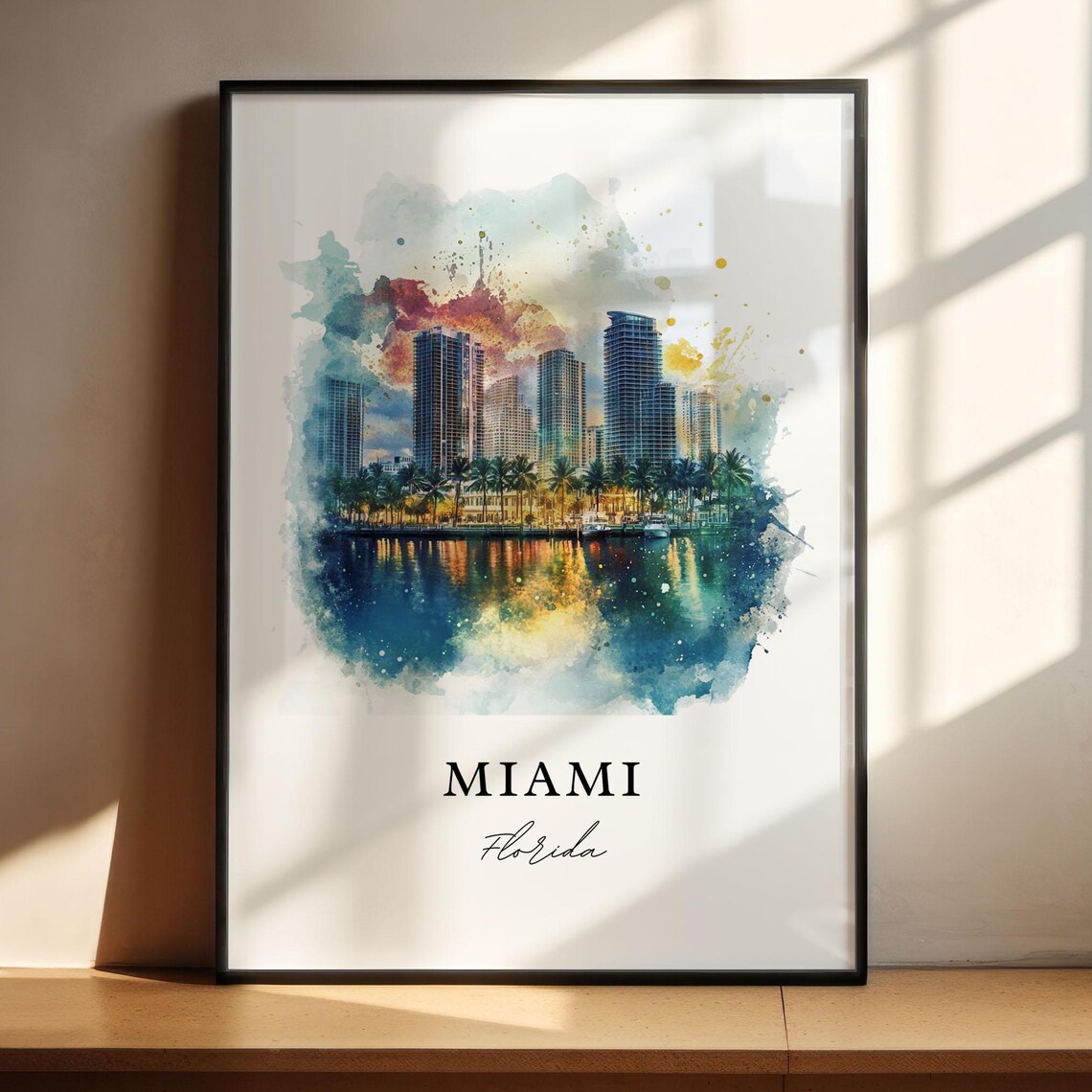 Miami Watercolor Travel Poster, Florida Wall Art